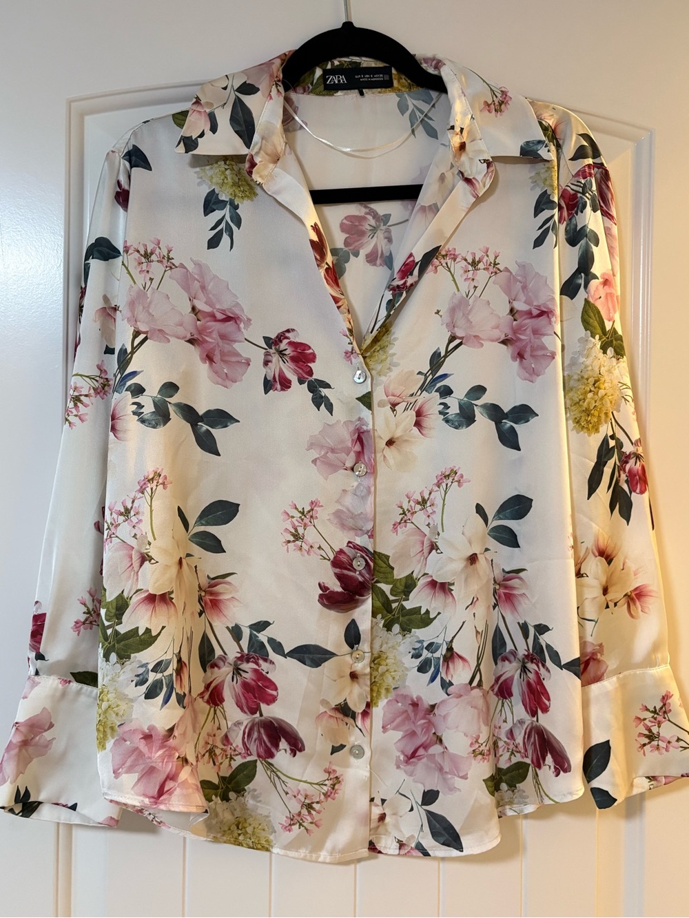 Zara Cream Floral Button-Up silk Blouse